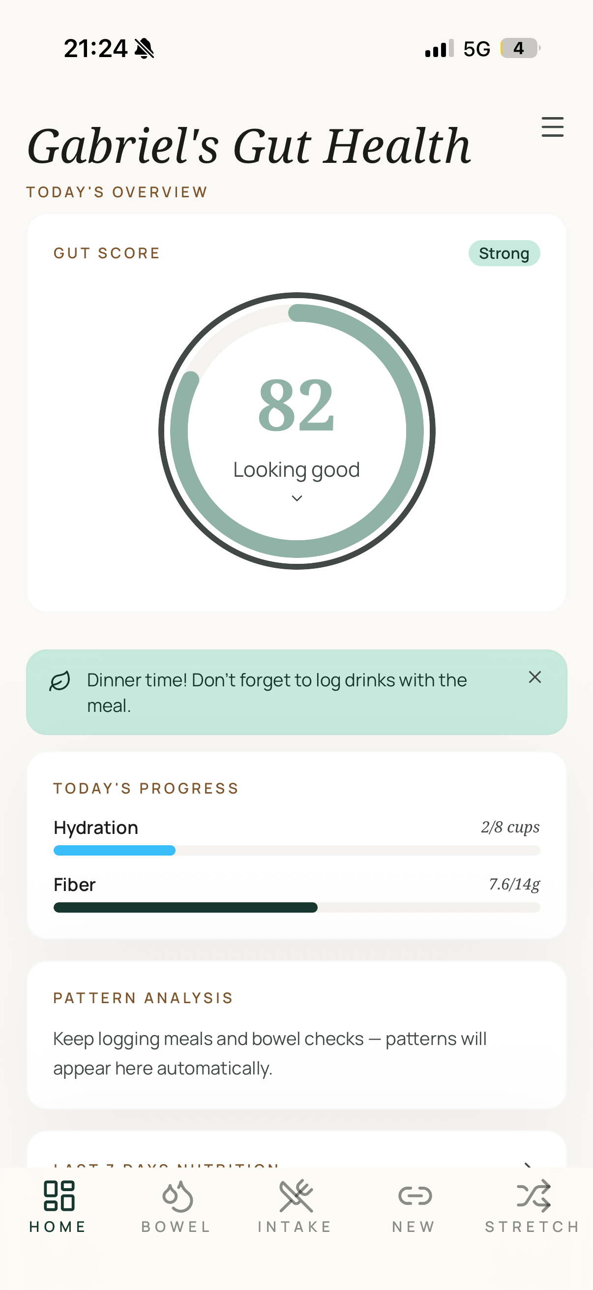 Galet home screen with gut score, hydration and fibre progress bars